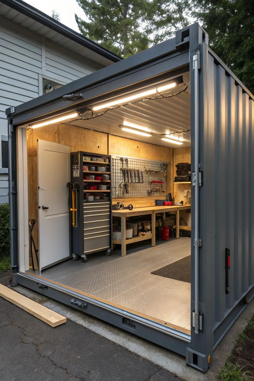 A shipping container reimagined as a functional detached garage.