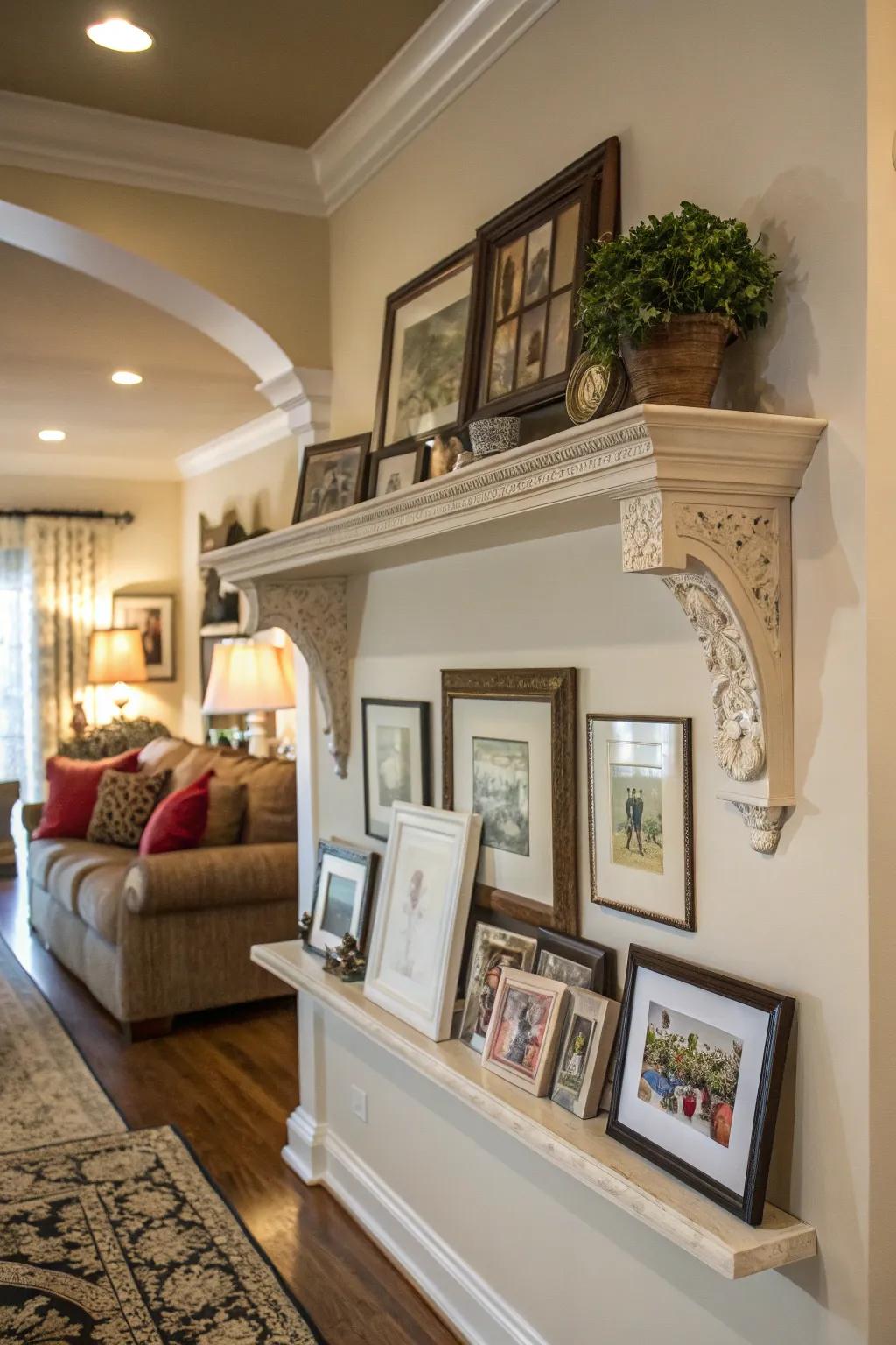 Corbel shelves make artistic displays in living rooms.