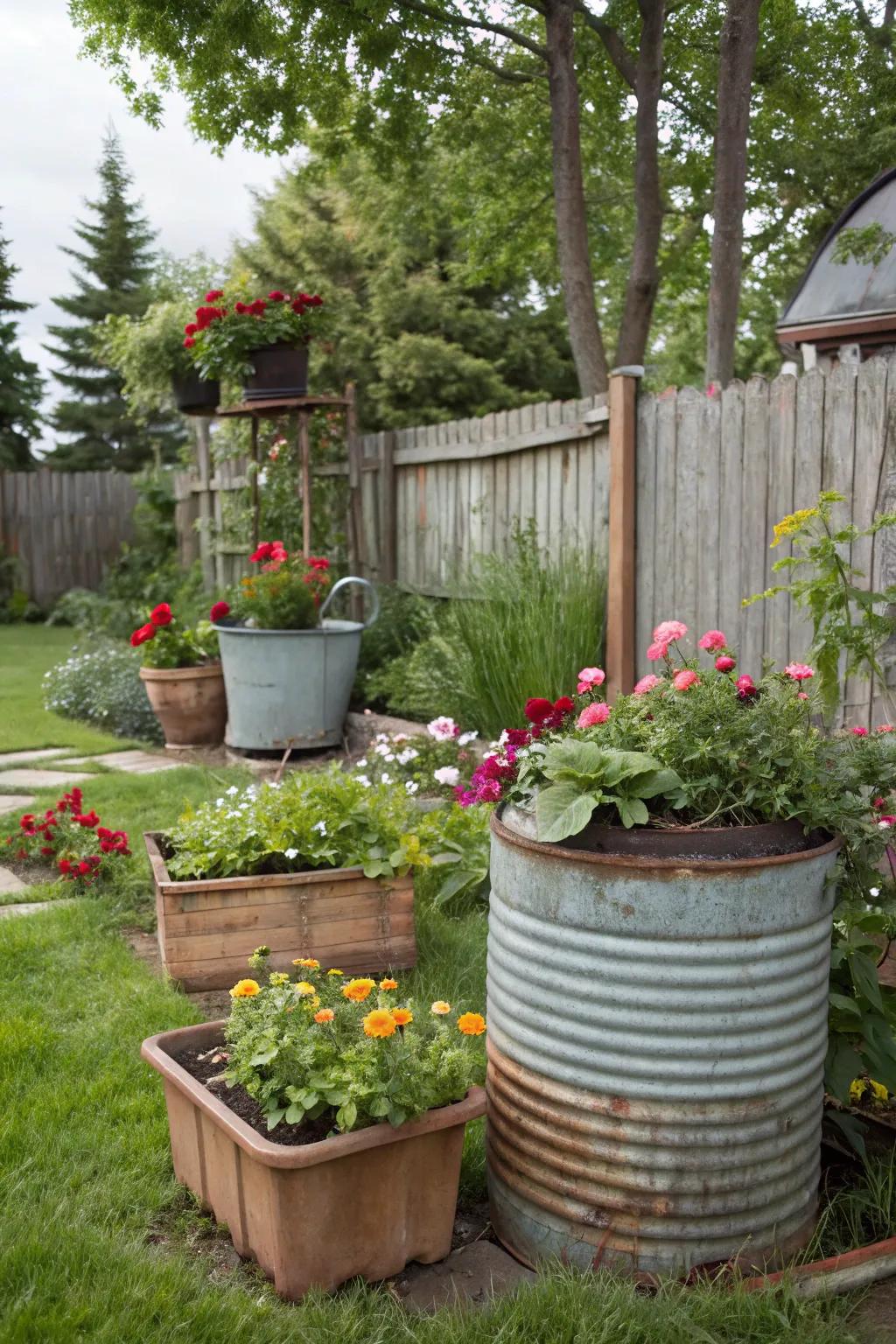 Vintage containers adding charm and character to the garden.