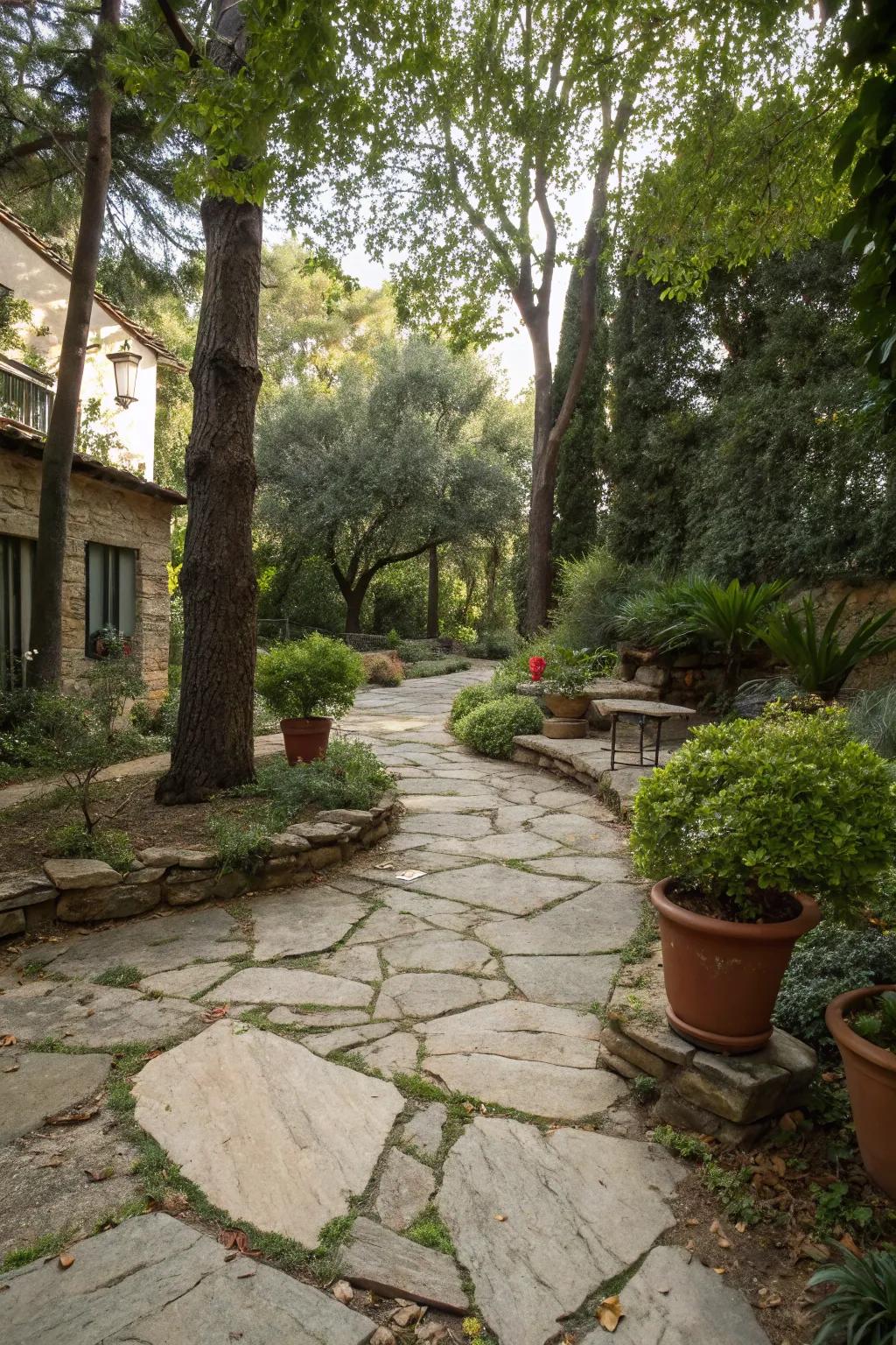 Create a rustic atmosphere with natural flagstone paths in your courtyard.