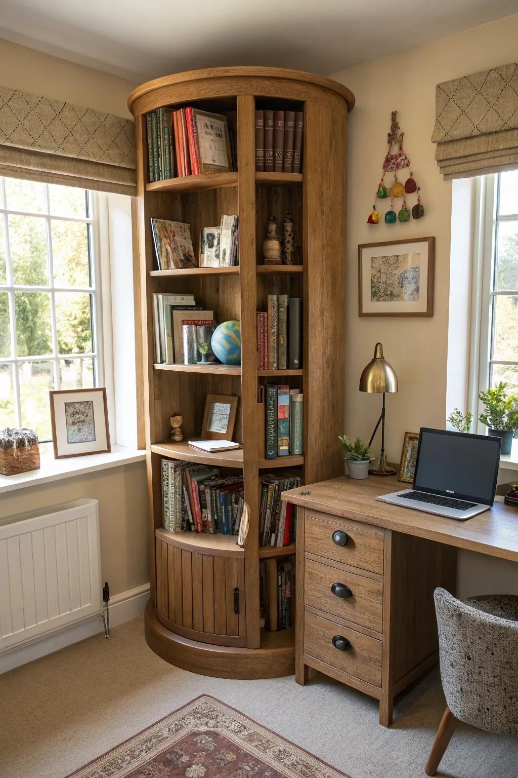 Rotating bookshelves are fun and functional, perfect for small spaces.