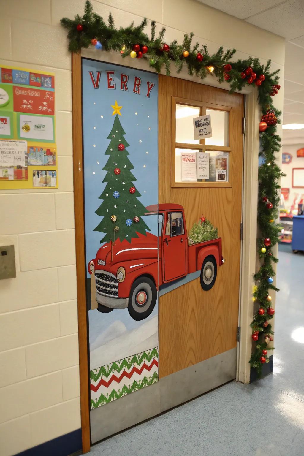 A classroom door with a classic red truck carrying a holiday tree, full of festive charm.