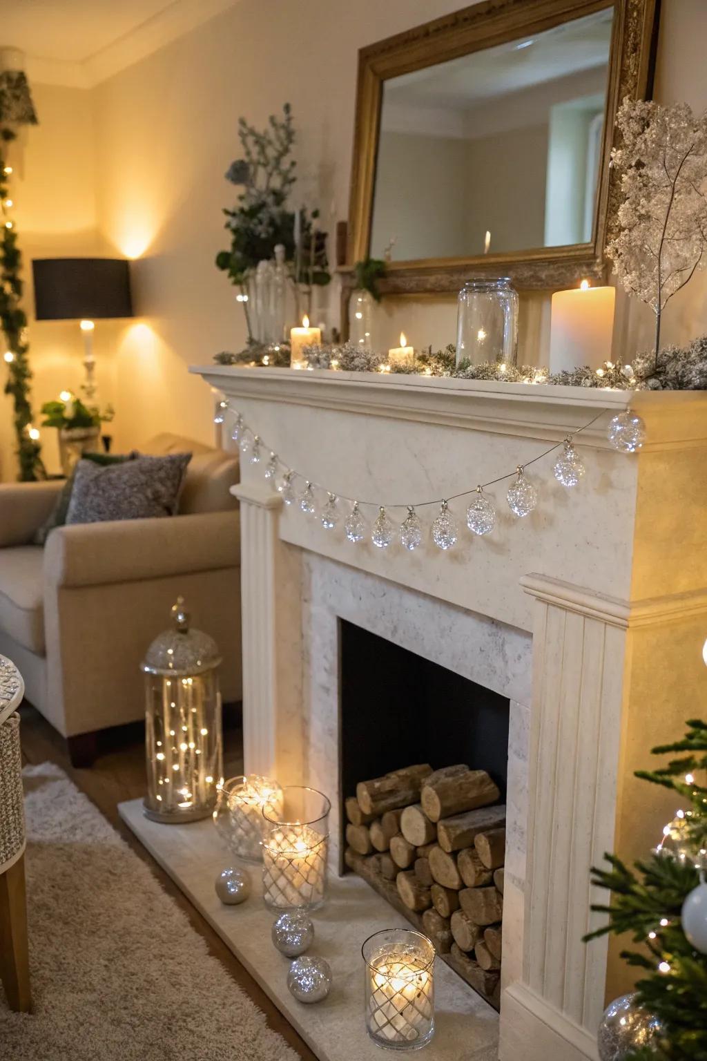 A mantelpiece marvelously decorated with crystals.