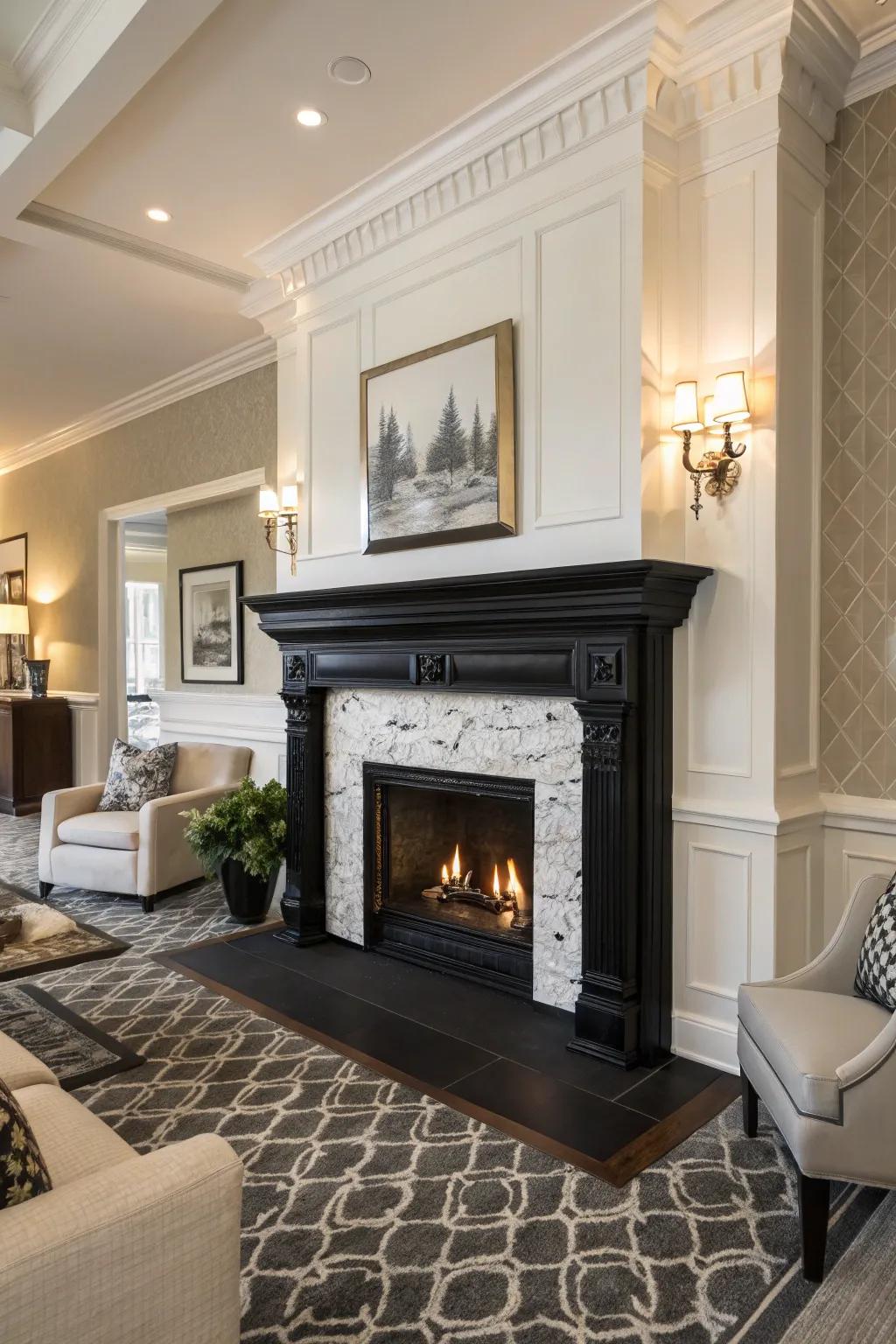 A black and white fireplace that exudes timeless elegance.