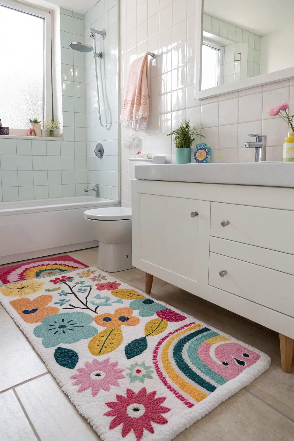 A playful rug adds comfort and style to your bathroom floor.