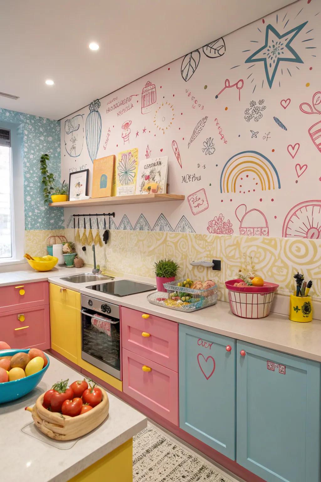 Playful doodles add joy and spontaneity to the kitchen.