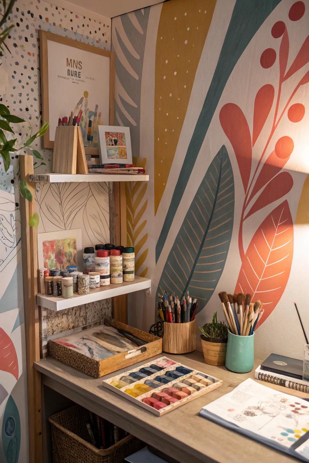 An art nook featuring abstract design wallpaper, perfect for inspiring creativity.