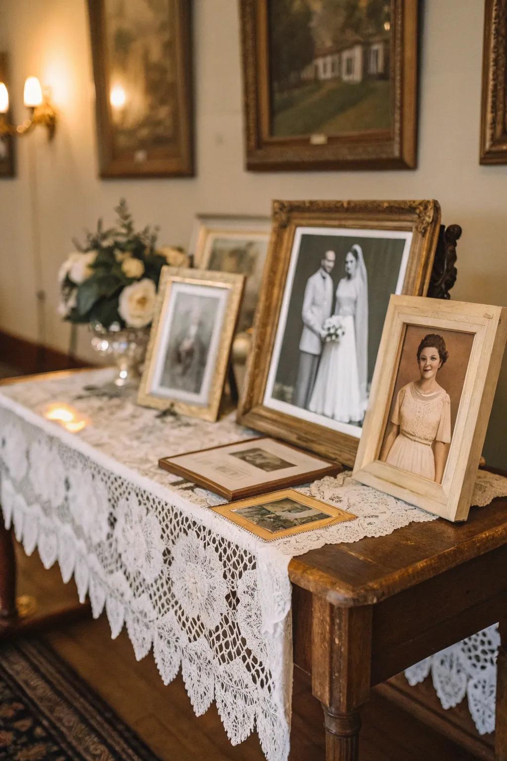 A vintage photo display honoring family wedding history.