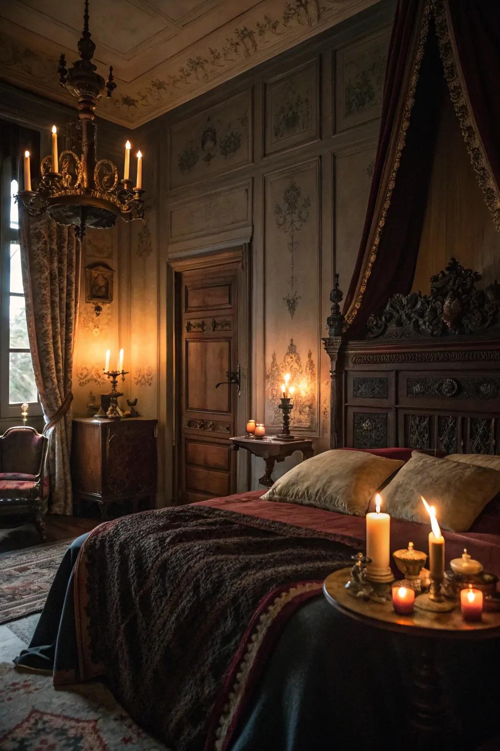 Candlelight creates a romantic and calming ambiance in the vintage bedroom.