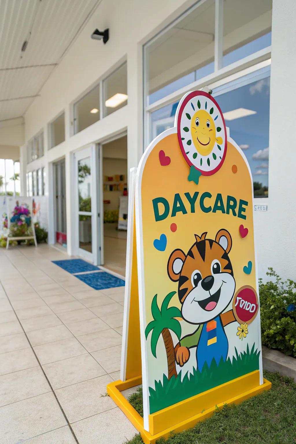 A friendly daycare mascot on the sign adds a playful and welcoming touch.