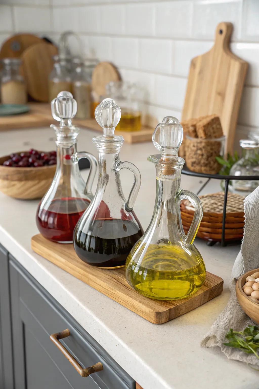 A kitchen counter featuring decanters as practical storage for liquids.