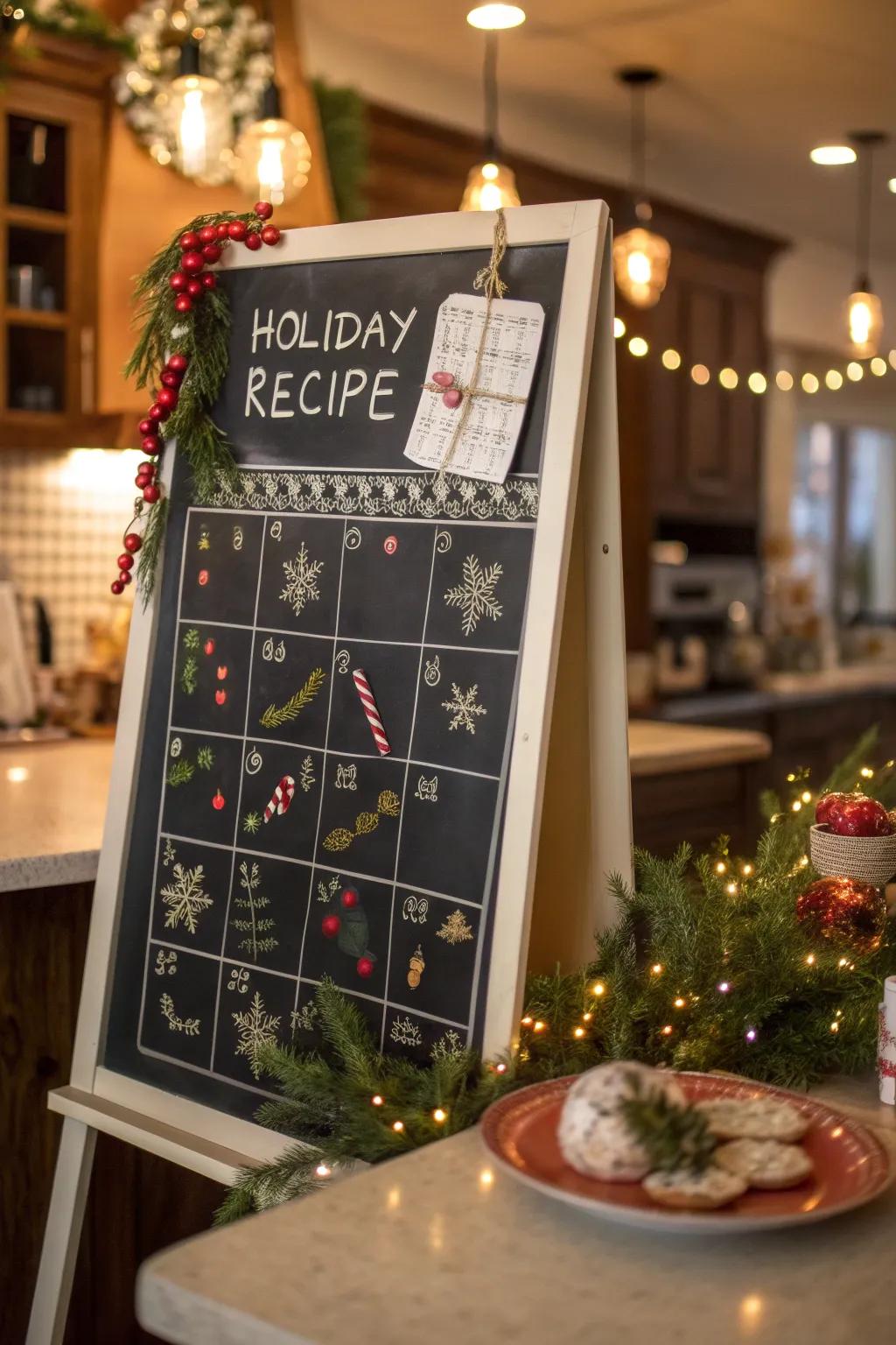 A culinary-inspired chalkboard calendar featuring daily holiday recipes.