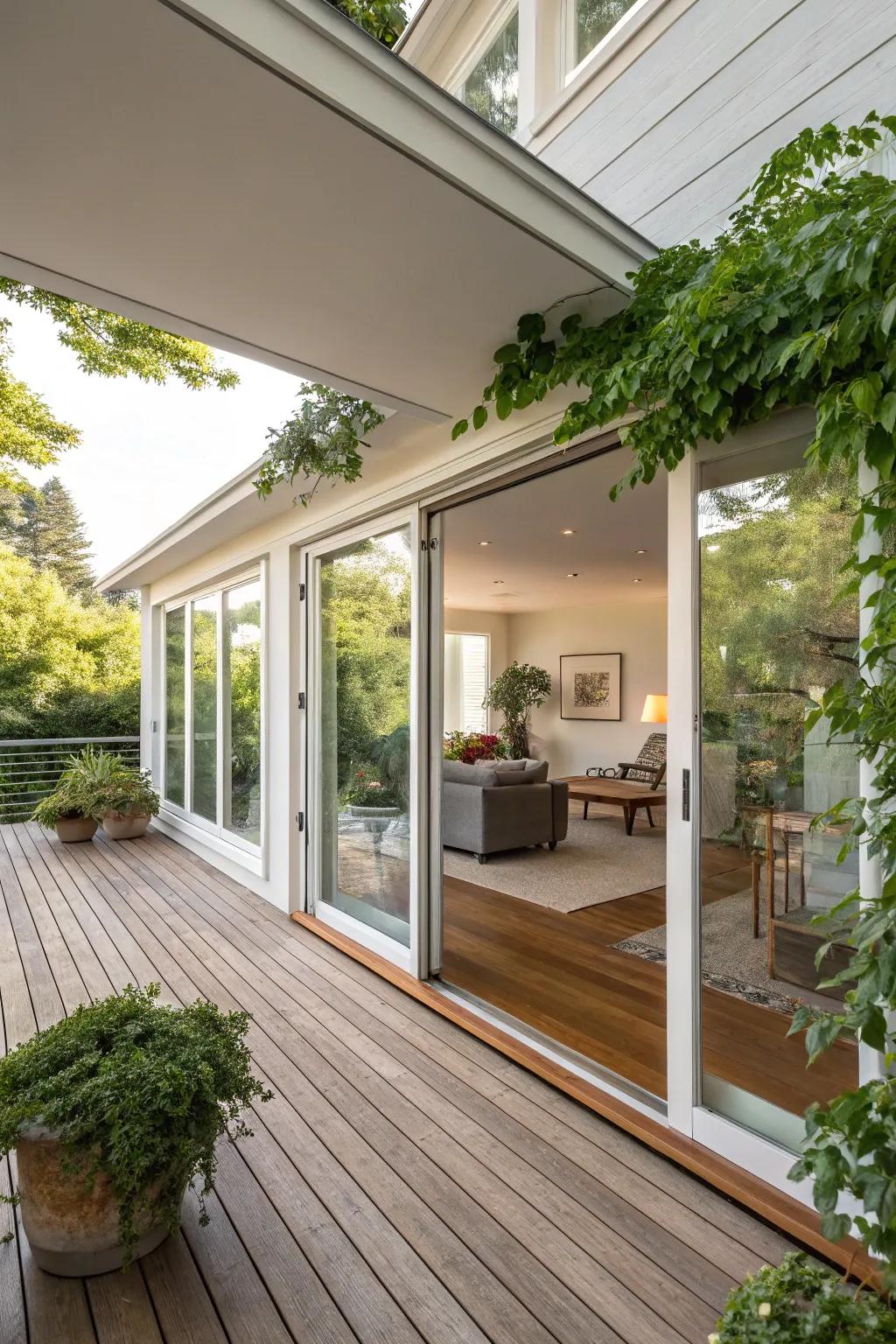 Sliding glass doors create a seamless transition between indoors and outdoors.