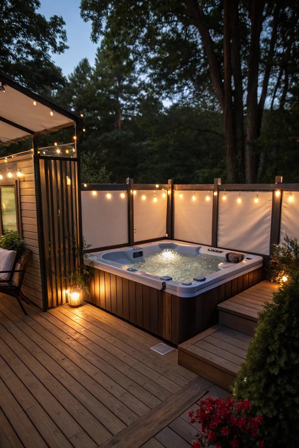 A deck offering the ultimate relaxation with a hot tub.