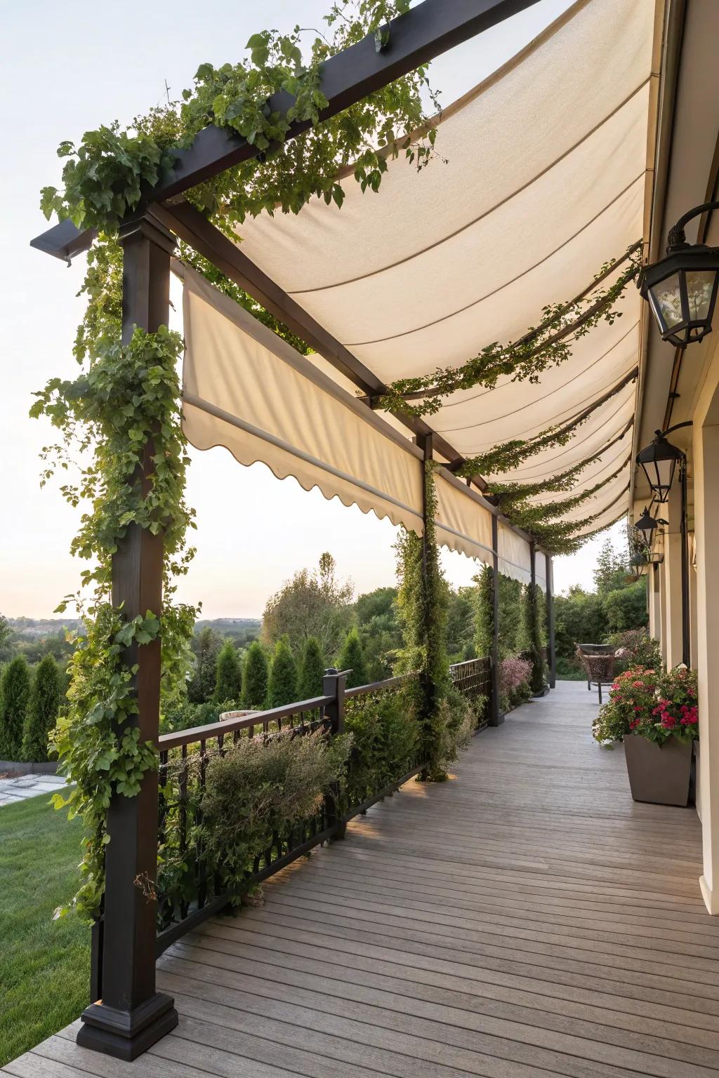 A pergola with fabric awnings, offering a flexible shaded area.