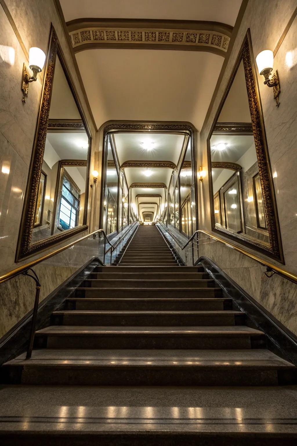 Mirrors along the staircase enhance light and dimension.