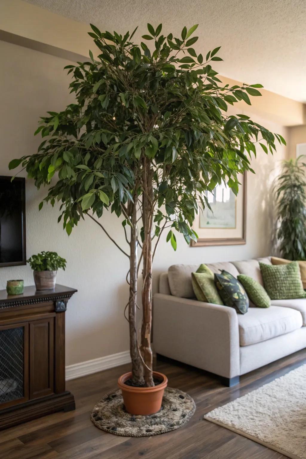 An indoor tree adds height and a touch of nature.