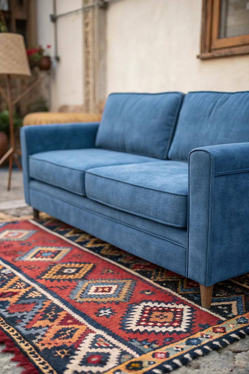 A bold rug grounds the space around a denim blue sofa.