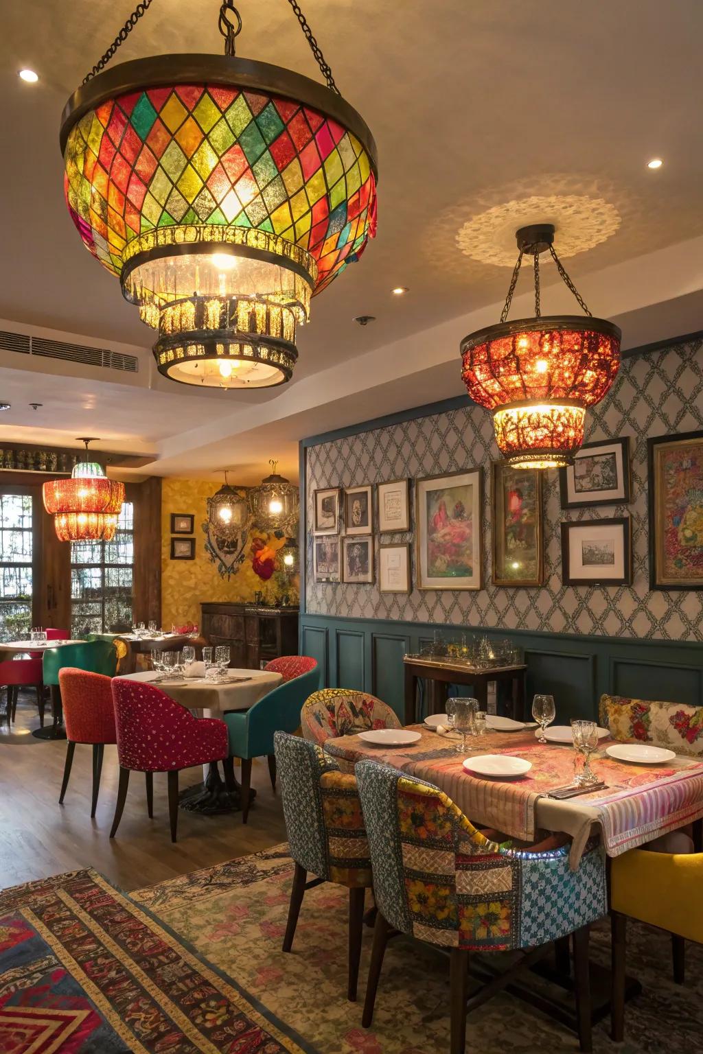 Colorful fixtures add a lively touch to this vibrant dining room.