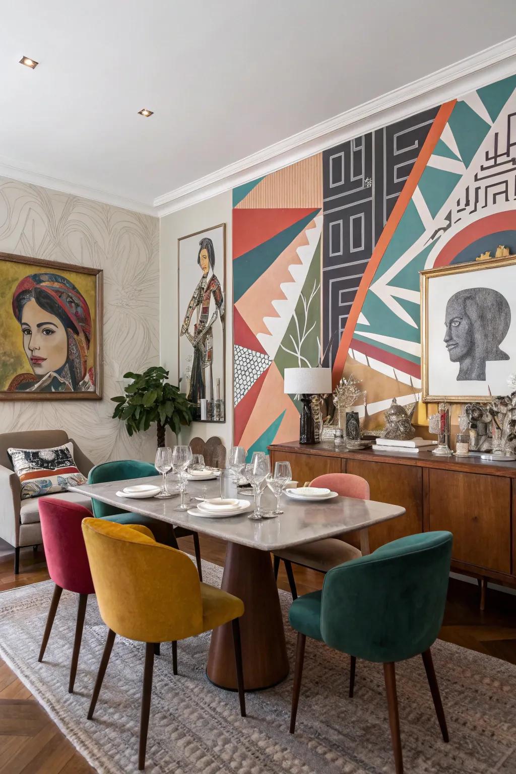 An abstract mural serves as a captivating focal point in this dining room.