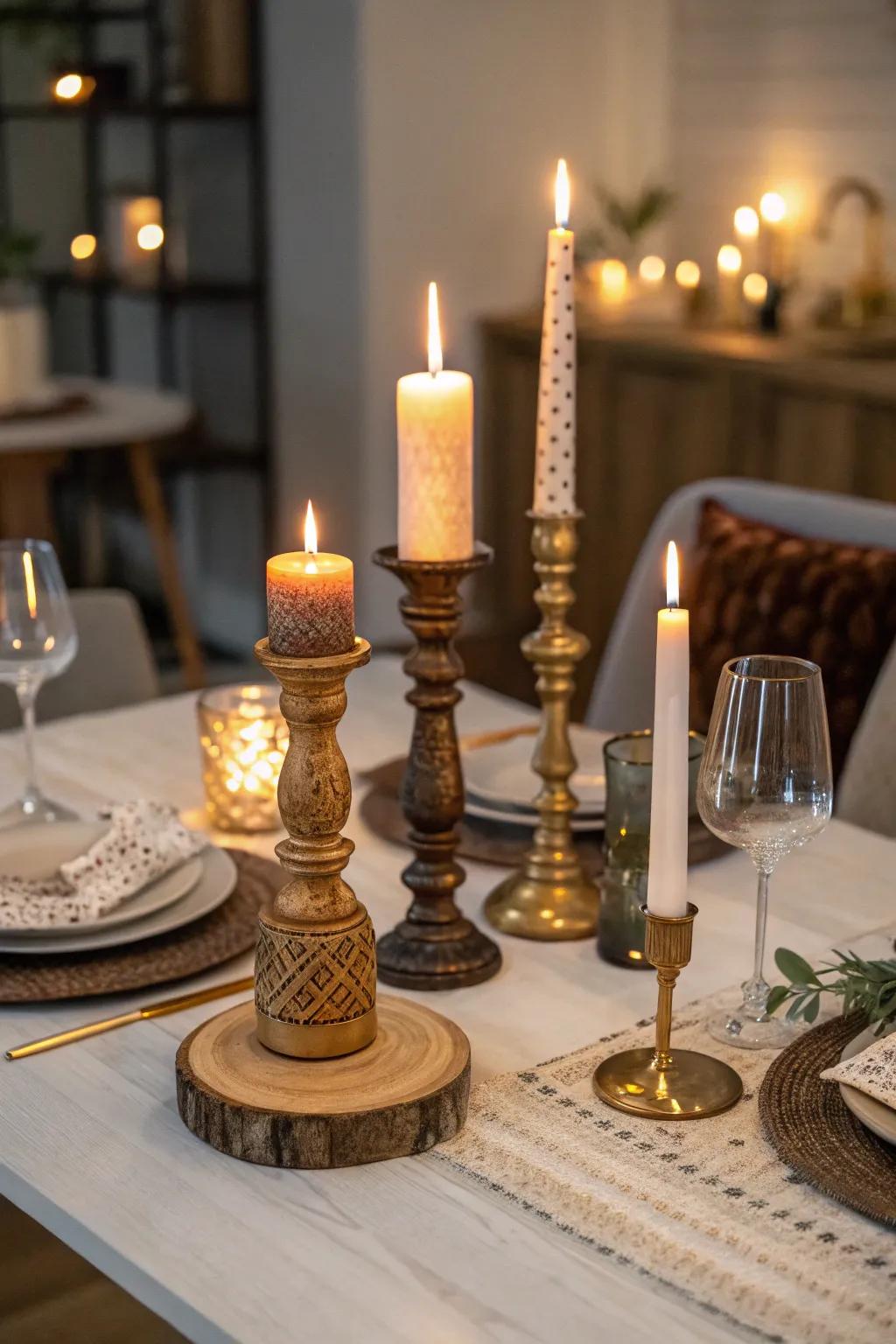 A dining table with a mix of different candlesticks.