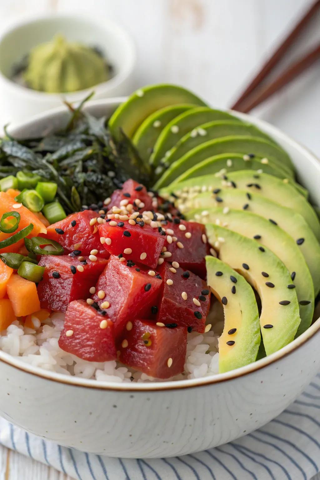 Indulge in a fresh and colorful spicy tuna poke bowl.