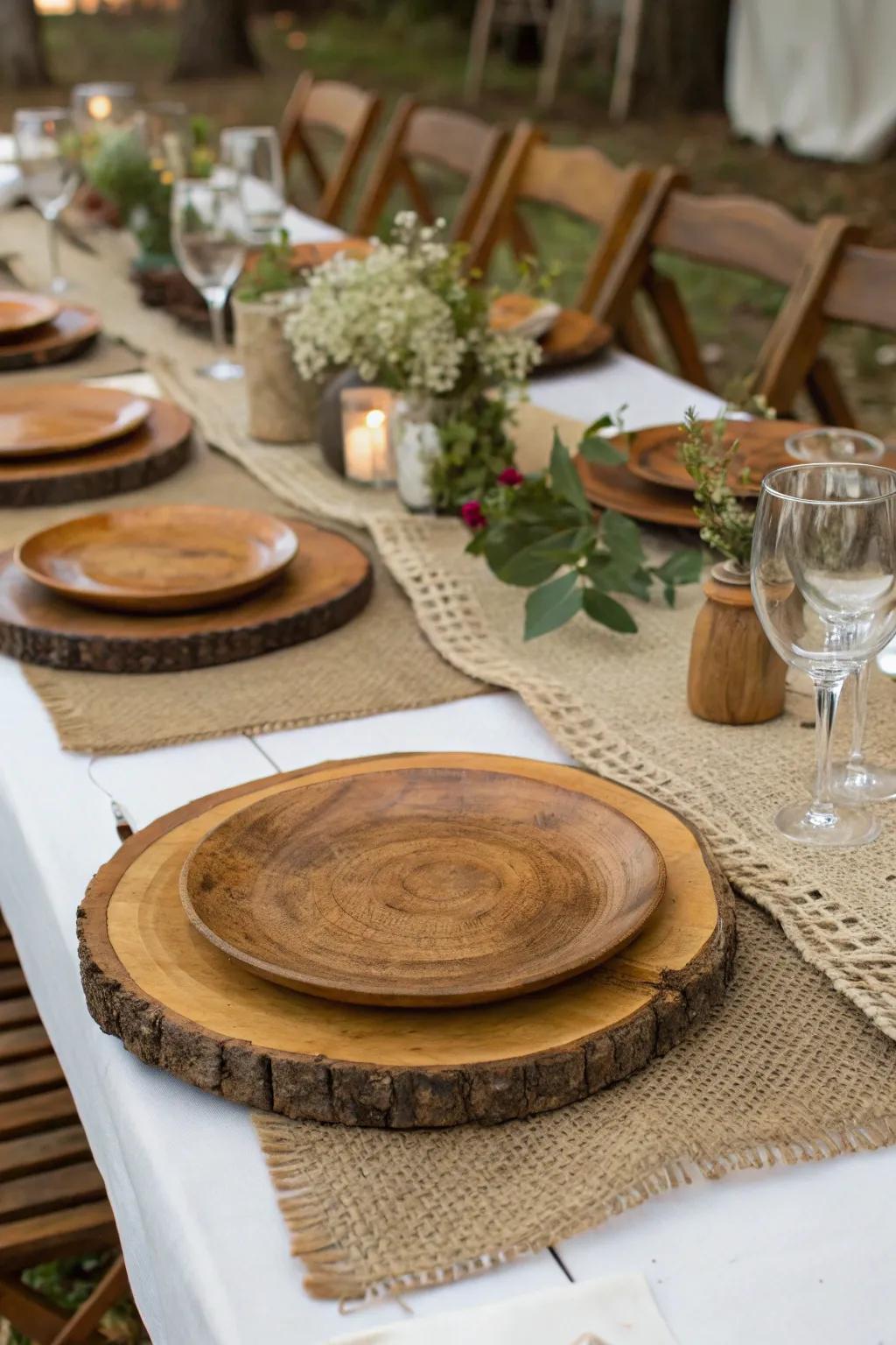 A rustic table setting with wooden chargers and burlap runners.