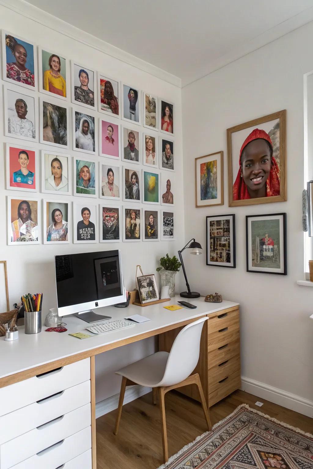 Wall of diverse portraits adding color and character.