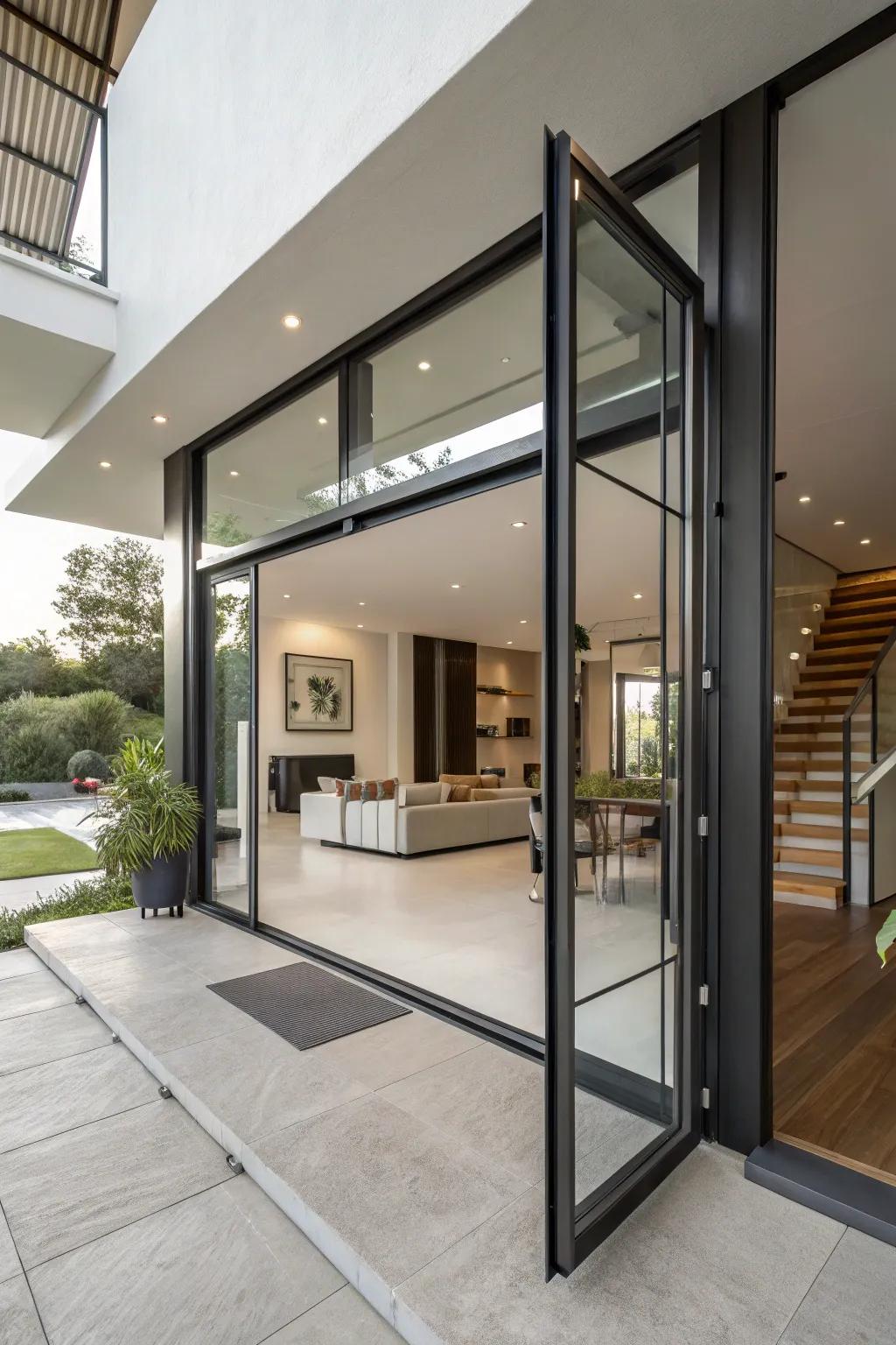 Introduce modern flair with an innovative pivot door design.