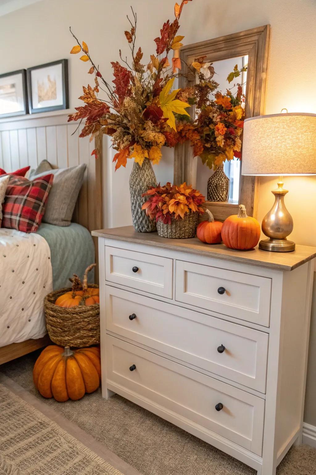 Seasonal decor keeps the dresser look fresh and inviting.