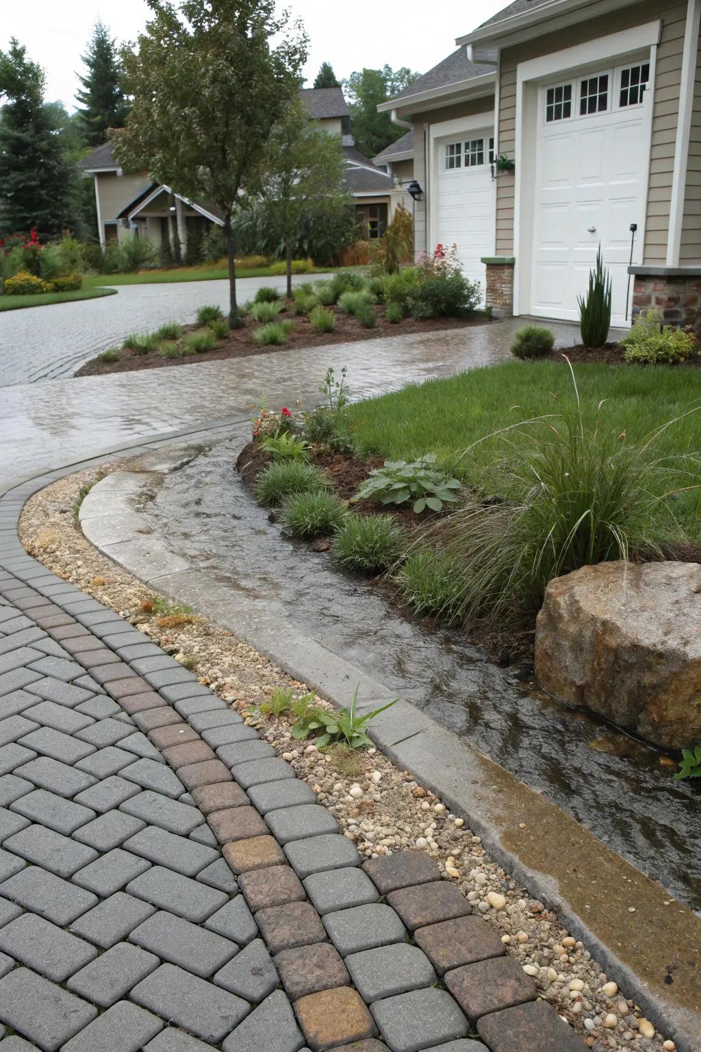 Practical permeable pavers blending with the driveway.