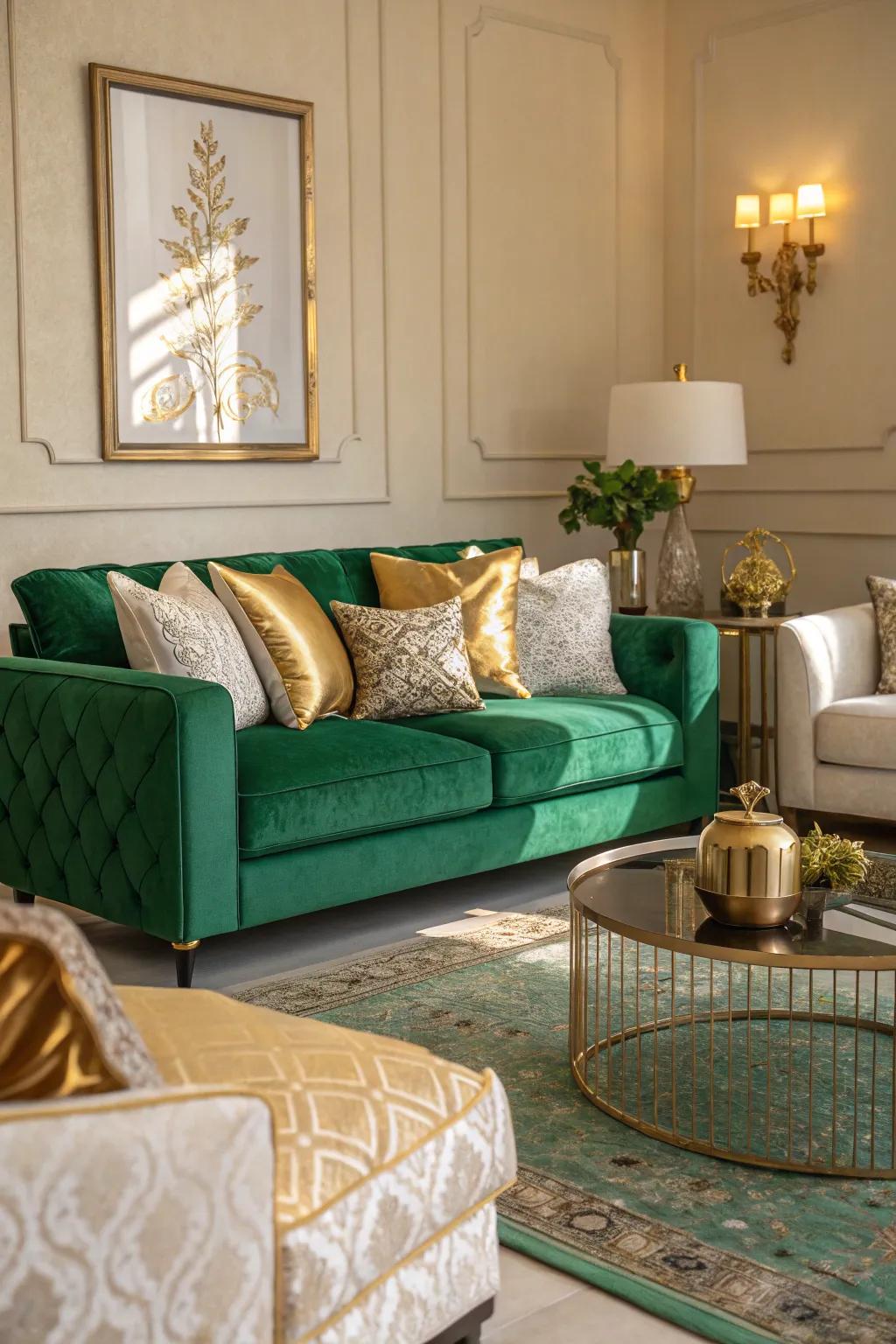 Contrasting cushions add visual interest to emerald green decor.