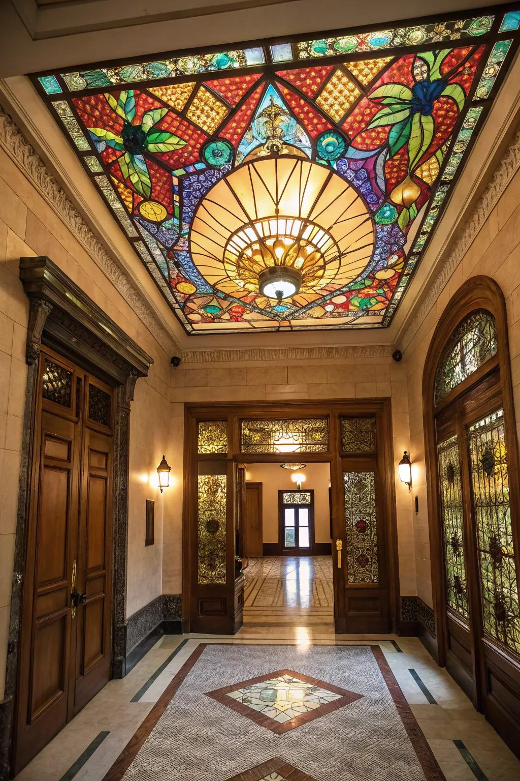 Stained glass ceilings add color and uniqueness to your entryway.