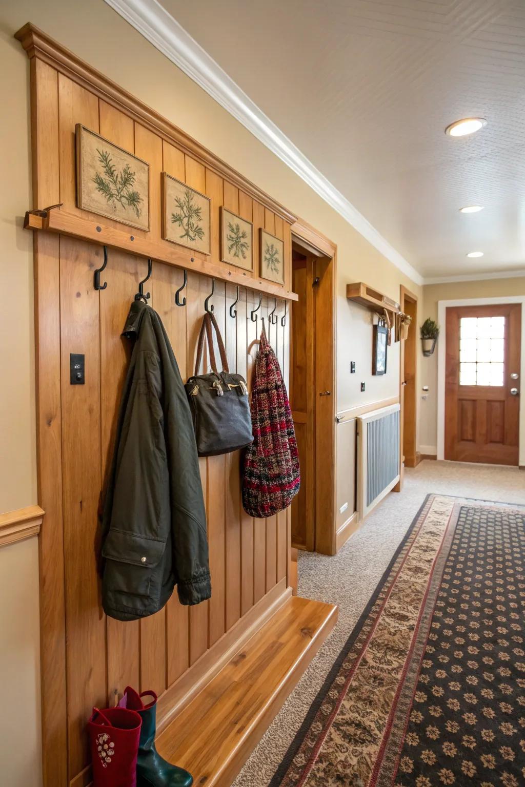 Integrated hooks provide style and practicality in the entryway.