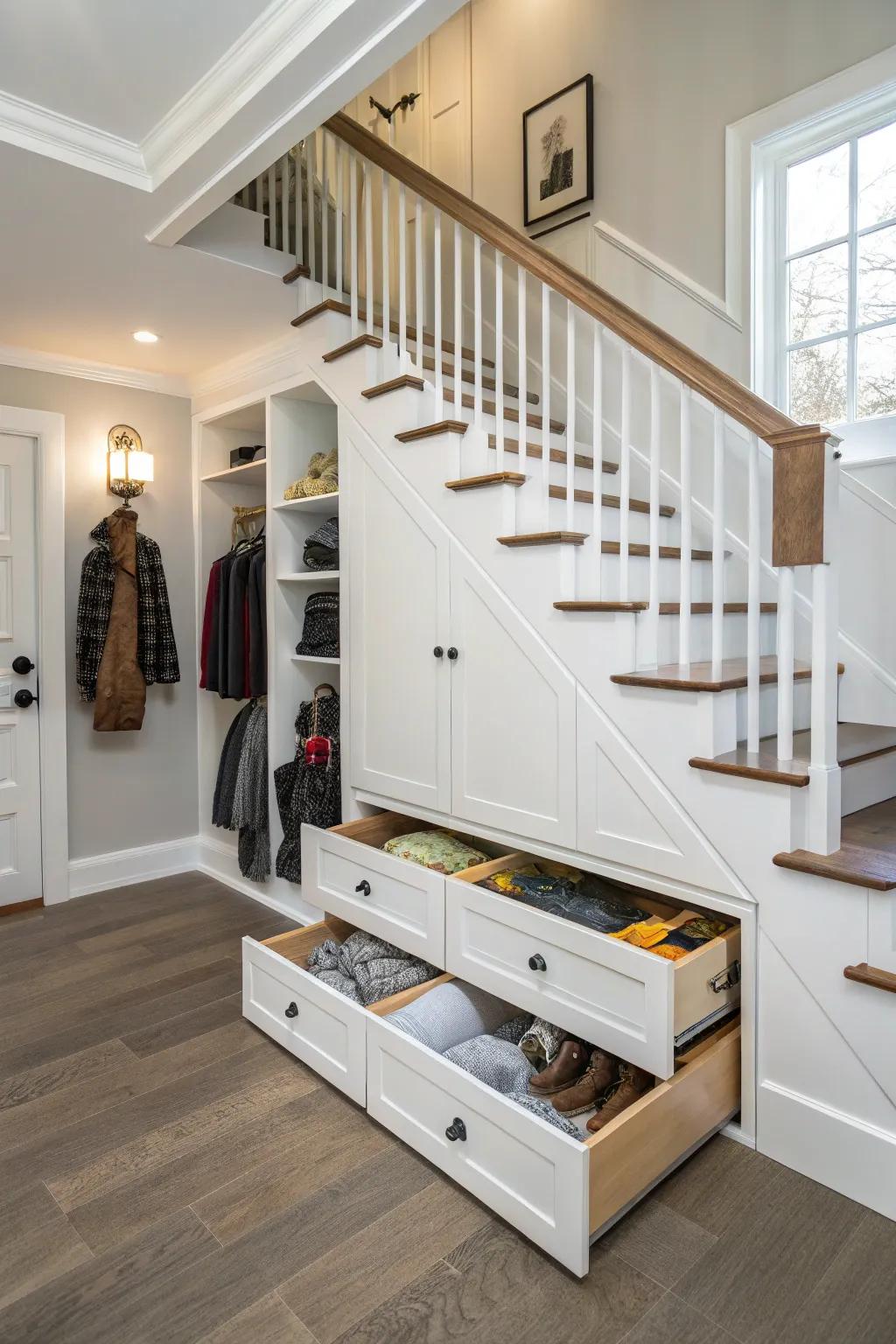 Under-stair storage maximizes unused space efficiently.