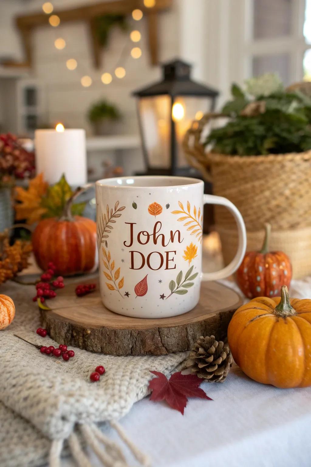 Personalized mug with autumn design.