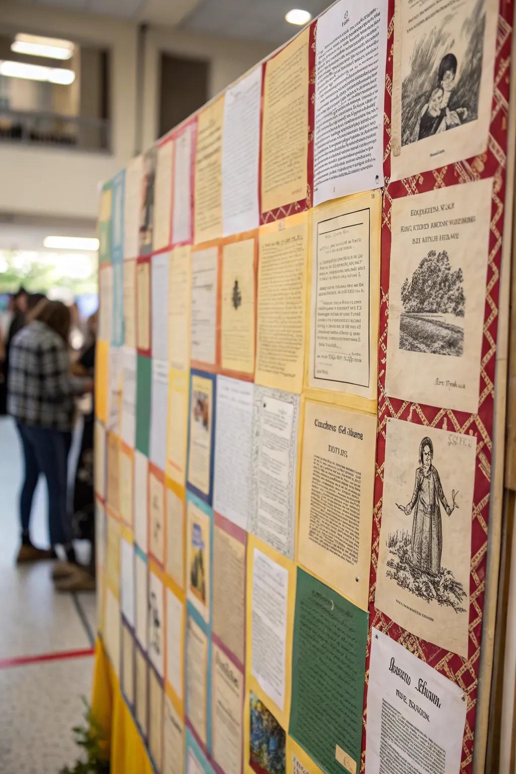 A cozy patchwork-themed bulletin board using book pages.