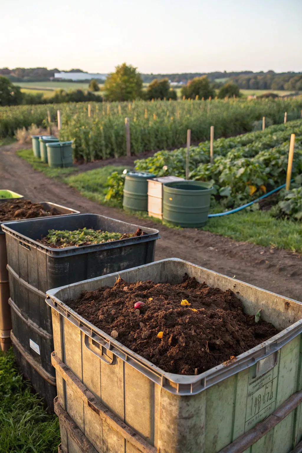 Compost bins turning waste into valuable soil enrichment.