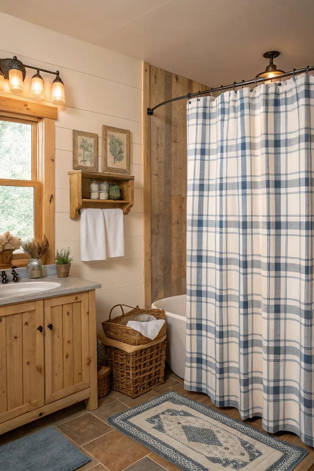 A bathroom with a farmhouse plaid shower curtain creating a cozy ambience.