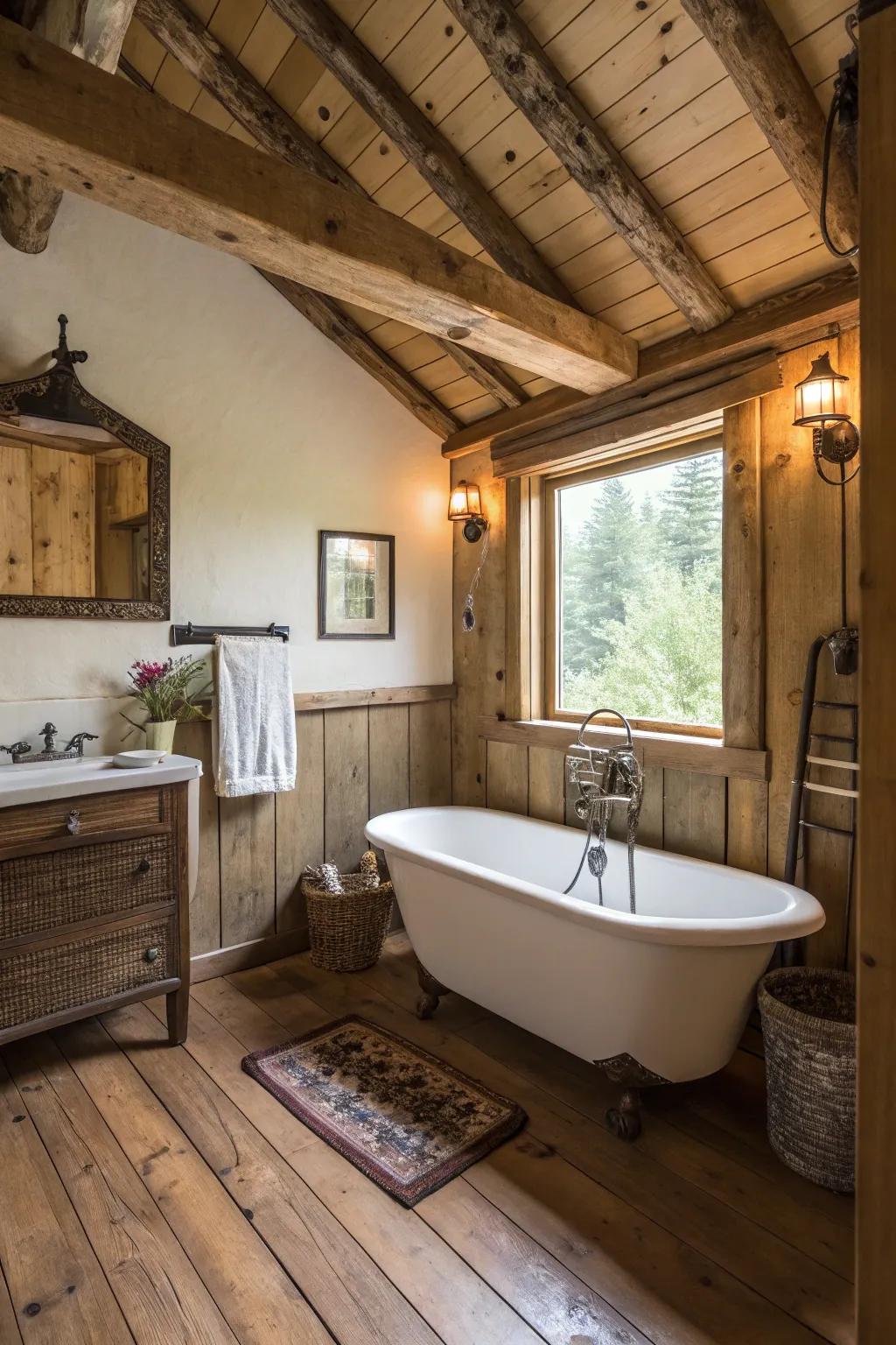 A compact freestanding tub adds luxury and charm to this small bathroom.