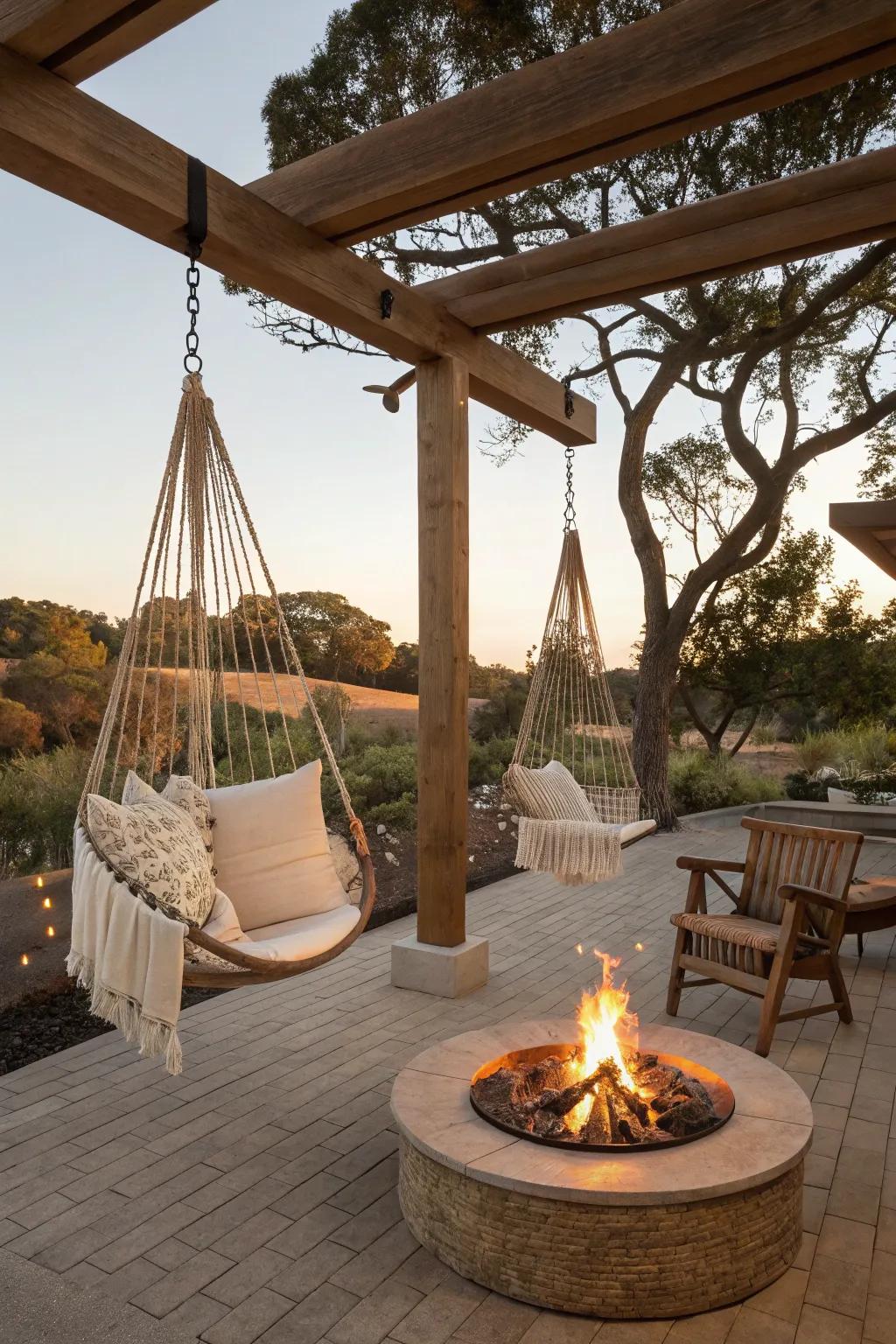 Hanging hammock chairs offer a fun, relaxing seating option.