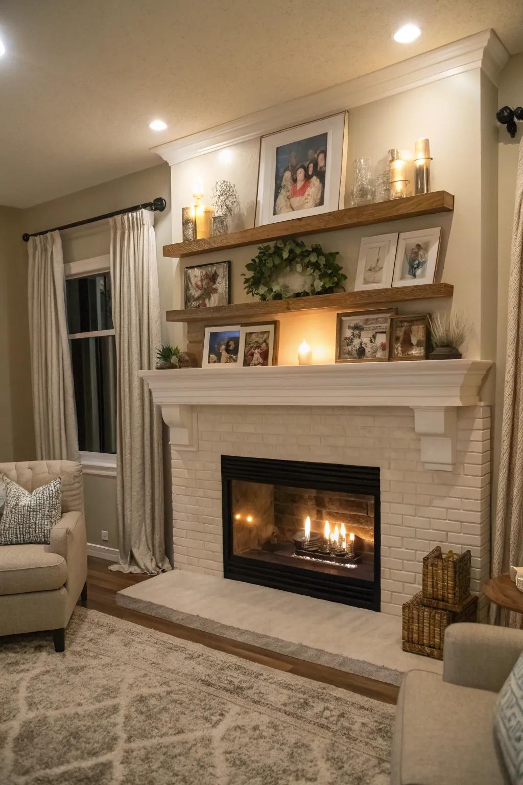 Floating shelves adding a modern touch and extra display space.