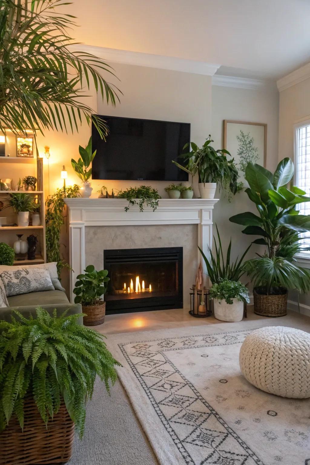 A living room with greenery surrounding a fireplace wall and TV.