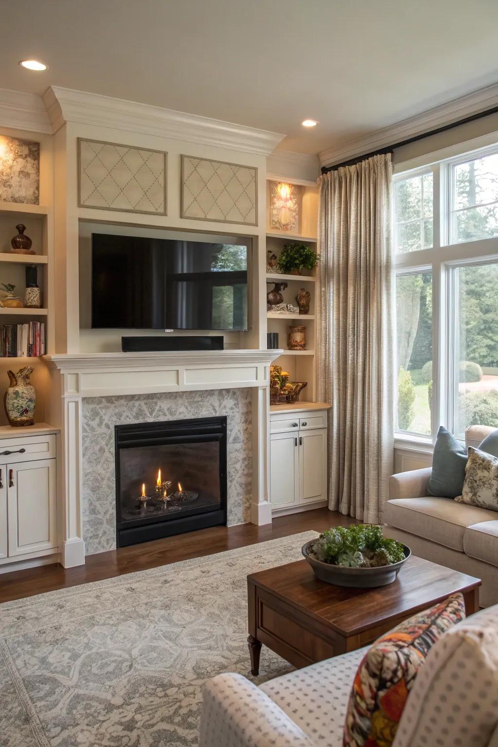 A tidy living room with hidden storage solutions around a fireplace.