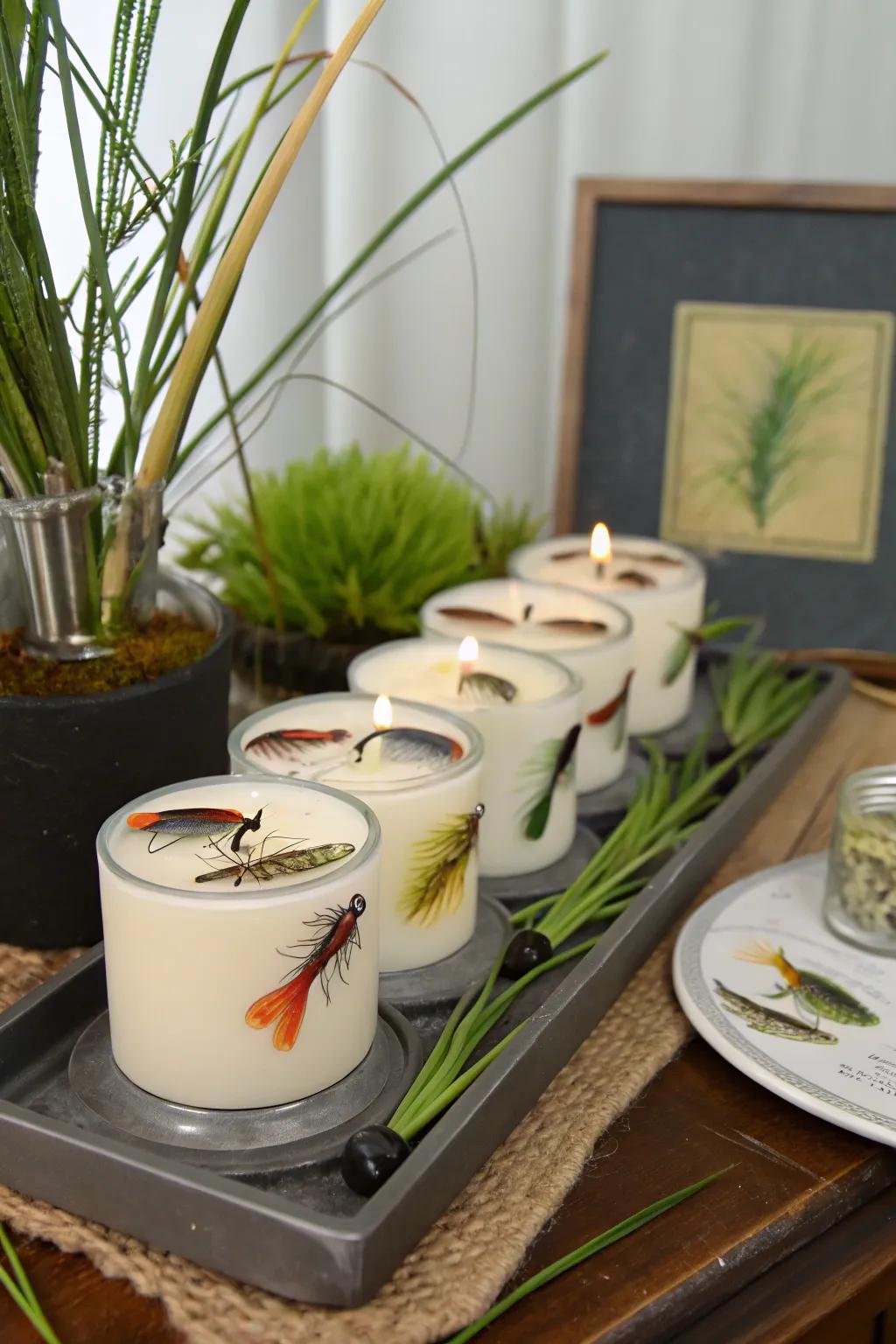 Fishing lures in candle holders offer a unique twist.