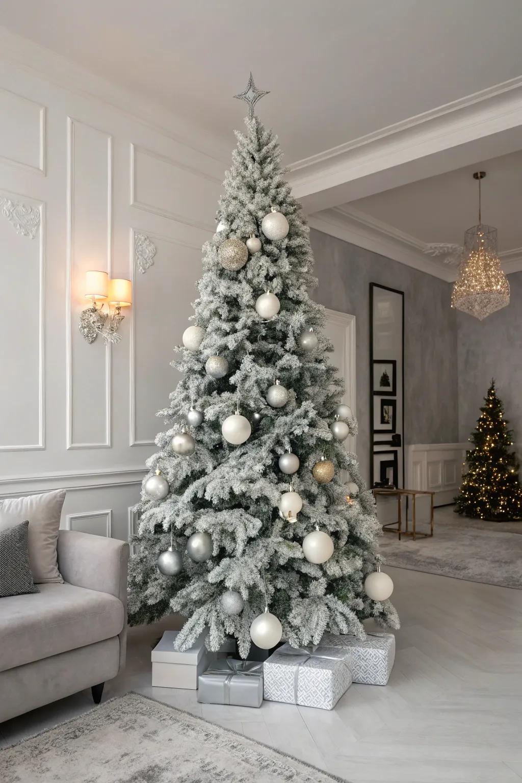 A modern monochrome-themed flocked Christmas tree.