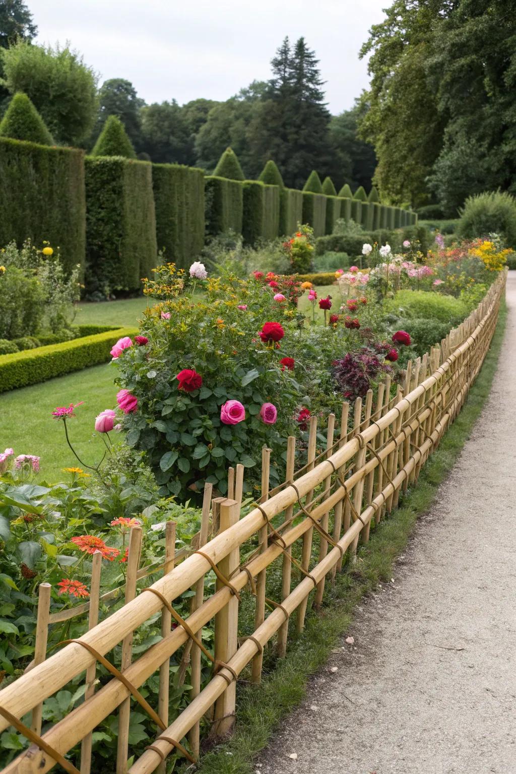 Bamboo fencing provides a sustainable and exotic flower bed border.