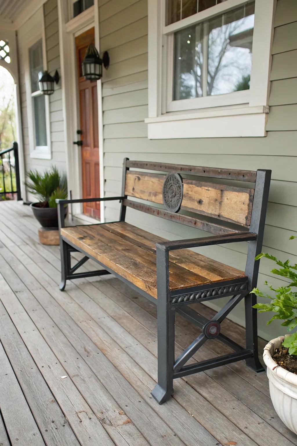 An industrial chic bench combines metal and wood for a modern look.