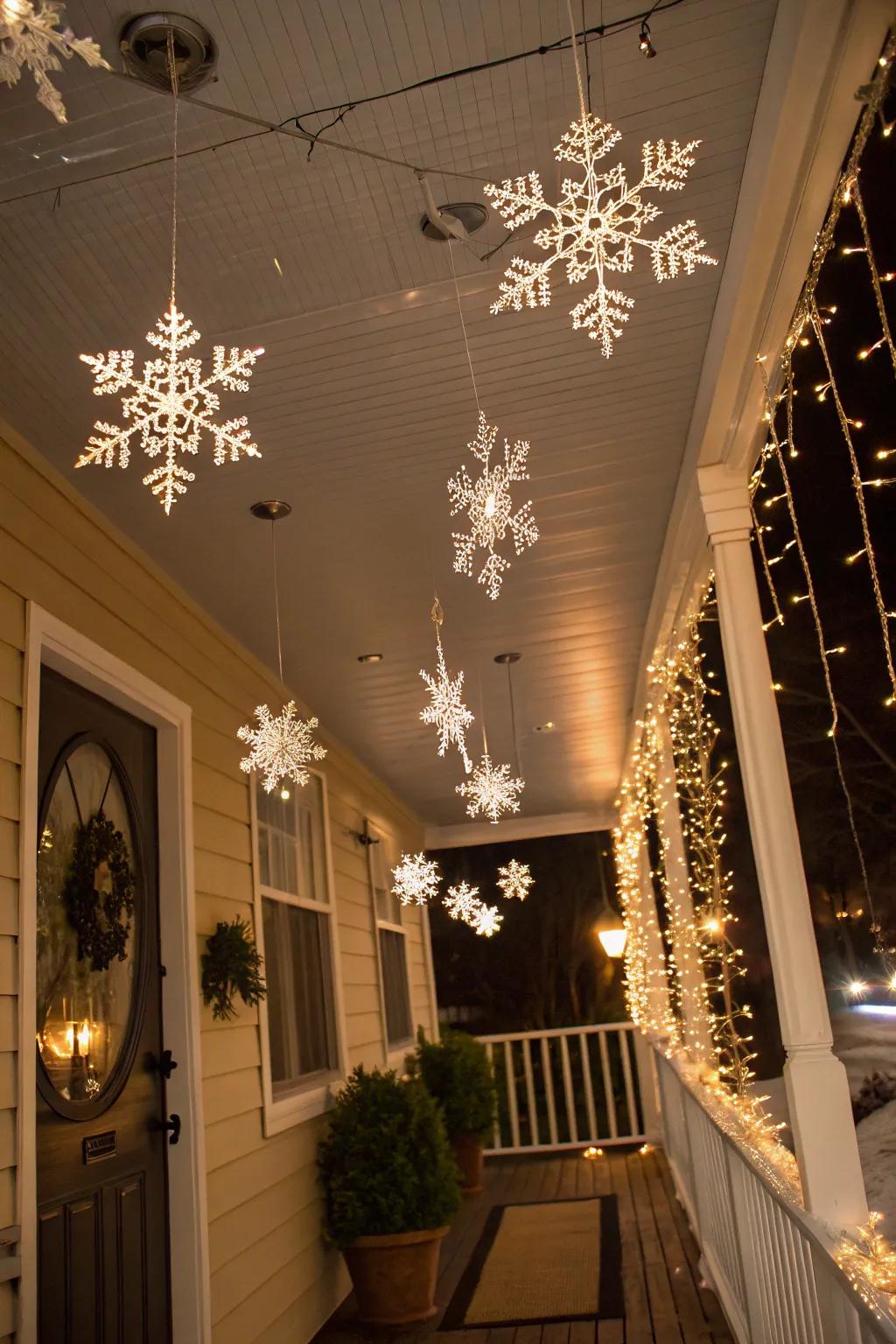 Snowflake decorations turn your porch into a winter wonderland.