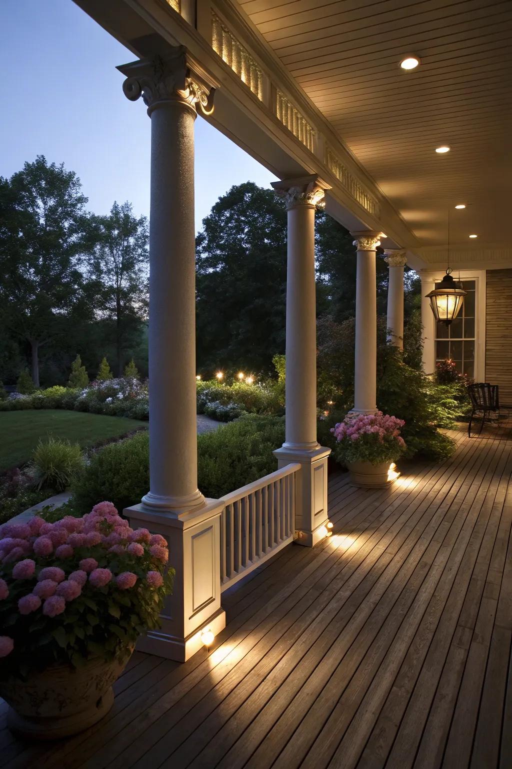 Integrated lighting on columns creates a warm and inviting evening ambiance.